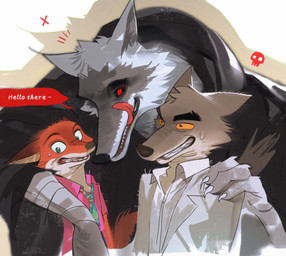 anthro black_nose brown_body brown_fur claws clothed clothing fur grey_body grey_fur group male pink_clothing pink_shirt pink_topwear shirt simple_background topwear trio blue_octopus disney dreamworks puss_in_boots_(franchise) the_bad_guys zootopia death_(puss_in_boots) mr._wolf_(the_bad_guys) nick_wilde canid canine canis fox mammal red_fox true_fox wolf 2025 absurd_res colored colored_sketch digital_drawing_(artwork) digital_media_(artwork) hi_res shaded sketch