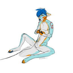 anthro controller crotch_tuft ears_down gaming grumpy male nude pivoted_ears simple_background sitting solo spread_legs spreading tuft white_background viskar17 falcon_woodwere arctic_wolf canid canine canis mammal wolf 1:1