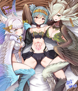 bottomwear breasts cleavage clothed clothing feathered_wings feathers female group head_wings hotpants looking_at_viewer nest shorts trio unusual_wing_placement winged_arms wings womb_tattoo harigane_shinshi european_mythology greek_mythology mythology animal_humanoid avian avian_humanoid harpy humanoid mythological_avian mythological_creature 2023 hi_res