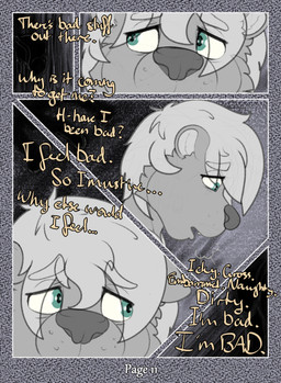 anthro close-up dialogue front_view fur green_eyes hair half-closed_eyes male narrowed_eyes question_mark sad self-loathing self_deprecation side_view solo text three-quarter_view young young_anthro young_male dasherslash andy_(dasherslash) mammal mustelid otter 2025 comic digital_media_(artwork) english_text hi_res monochrome
