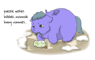 ambiguous_feral ambiguous_gender black_eyes blue_hair blue_tail corpse death duo eyes_closed feces feral food fur green_body green_fur hair hooves looking_at_another lying mouth_hold neonate on_side plant purple_body purple_fur snow standing tail wings young young_ambiguous young_feral carpdime fluffy_pony fluffy_pony_(species) mammal