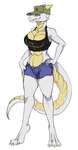 anthro bottomwear breasts clothing cutoffs denim denim_bottomwear denim_clothing dragon female hat headgear headwear hi_res jabeha looking_at_viewer microsoft mythological_creature mythological_scalie mythology quake scalie shirt shorts simple_background solo tank_top topwear