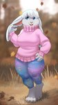 4_toes 5_fingers anthro autumn autumn_leaves barefoot big_breasts blue_clothing blue_eyes blue_legwear breasts buckteeth claws clothed clothing curvy_figure feet female fingers fully_clothed fur grass hand_on_hip leggings legwear long_ears nature nature_background open_mouth open_smile pink_clothing pink_sweater pink_topwear plant slightly_chubby smile solo sweater teeth thick_thighs toes topwear turtleneck white_body white_fur wide_hips noviraine fern_(tasanko) lagomorph leporid mammal rabbit 2022 9:16 digital_media_(artwork) signature