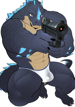 abs aiming aiming_weapon anthro barazoku big_muscles blue_spikes briefs claws clothed clothing gun holding_object huge_muscles huge_thighs male manly multicolored_body muscular muscular_anthro muscular_arms muscular_legs muscular_male muscular_thighs navel partially_clothed ranged_weapon solo spikes spikes_(anatomy) tail thick_arms thick_thighs toe_claws underwear underwear_only weapon white_clothing white_underwear inuart2001 ambiguous_species dinosaur prehistoric_species reptile scalie absurd_res hi_res
