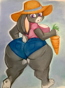 anthro big_breasts big_butt bottomwear breasts buckteeth butt carrot clothing female food fur grey_body grey_fur hat headgear headwear multicolored_body multicolored_fur plant purple_eyes shirt shorts solo teeth thick_thighs topwear two_tone_body two_tone_fur vegetable white_body white_fur diabolik0 disney zootopia judy_hopps european_rabbit lagomorph leporid mammal oryctolagus rabbit absurd_res hi_res traditional_media_(artwork)
