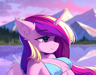 alternative_fashion anthro clothing cloud female horn inner_ear_fluff lake mountain plant sky solo suggestive sunset swimwear tree tuft wings airiniblock friendship_is_magic hasbro my_little_pony princess_cadance_(mlp) equid mammal distracting_watermark hi_res watermark