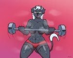 anthro barbell bodily_fluids breasts camel_toe exercise female gasp horn lifting_object looking_at_viewer metric_unit mostly_nude motion_lines motion_outline muscular muscular_female number open_mouth path_lines shaking simple_background smooth_motion_outline solo sport steam sweat thick_thighs trembling unit weightlifting weights wet workout avioylin sister_(snofu) felid feline mammal 5:4 hi_res