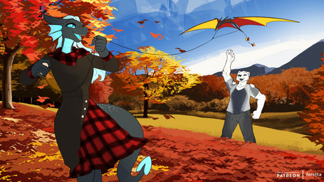 anthro autumn autumn_leaves black_body black_skin blue_body blue_eyes blue_hair blue_skin clothing dress female fur grass hair kite_flying landscape male mountain muscular open_mouth plant scenery smile text tree white_body white_fur feretta mythology alyen_mewhitich feyah_(feyah) bear dragon mammal mythological_creature mythological_scalie polar_bear scalie ursine 16:9 english_text hi_res widescreen