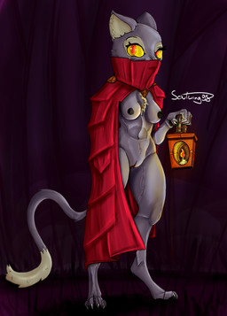 breasts cape cape_only chest_tuft clothing covered_mouth digitigrade dipstick_tail female fire fur genitals grey_body grey_fur holding_object lamp lantern looking_at_viewer magic_user markings mostly_nude nipples nude red_eyes tail tail_markings tribal tuft vulva yellow_body yellow_fur yellow_sclera soulwing98 domestic_cat felid feline felis mammal hi_res