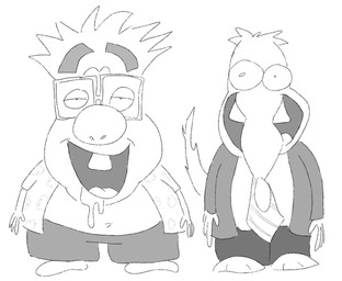 ambiguous_gender anthro big_nose bodily_fluids bottomwear clothed clothing drooling duo eyebrows eyewear feet fur glasses hair looking_at_viewer one_tooth open_mouth pants paws saliva shirt simple_background smile tail teeth thick_eyebrows tongue topwear white_body rumcoat rum_(rumcoat) soup_(plentyofsoup) borzoi canid canine canis cryptid domestic_dog humanoid hunting_dog mammal sighthound digital_media_(artwork) monochrome