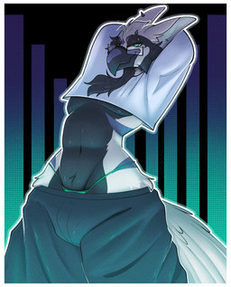 anthro beak belly bottomwear clothed clothing crop_top eyebrows eyewear facial_markings feather_hair feather_tuft feathers fluffy fluffy_ears fur glasses hair head_markings hip_markings leg_markings looking_at_viewer low-angle_view male markings midriff multicolored_body multicolored_fur navel pants piercing pseudo_hair shirt simple_background smile solo tail tail_feathers thong thong_straps topwear tuft two_tone_body two_tone_fur underwear wearing_glasses white_body white_fur wide_hips hoshka avian bird digital_drawing_(artwork) digital_media_(artwork) hi_res