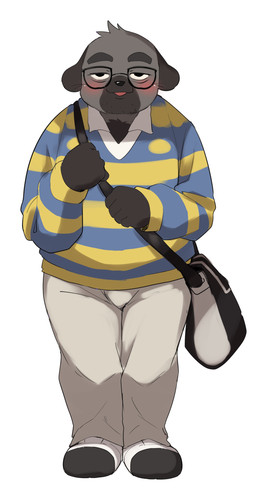 anthro black_body black_eyes black_fur blush bottomwear clothing footwear fur half-closed_eyes happy looking_at_viewer male narrowed_eyes overweight overweight_male pants simple_background solo topwear white_background manmosu_marimo canid canine canis domestic_dog mammal 2026 absurd_res hi_res japanese_description