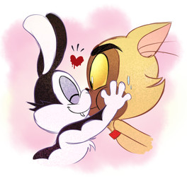 anthro black_body black_ears black_eyes black_fur black_nose bodily_fluids brown_body brown_ears brown_fur chest_tuft collar duo face_squish face_to_face fur hand_on_face heart_symbol long_ears male male/male multicolored_body multicolored_fur red_collar side_view smile squish sweat tuft two_tone_body two_tone_fur white_body white_fur white_nose white_tuft yellow_sclera 8-bit-britt bunnicula_(series) bunnicula chester_(bunnicula) domestic_cat felid feline felis lagomorph leporid mammal rabbit vampire 2017 digital_media_(artwork)