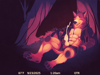 abs anthro bodily_fluids bottomwear clothed clothing cum cum_on_abs cum_on_chest ejaculation eyes_closed fluffy genital_fluids head_tuft jacket male masturbation muscular muscular_male navel neck_tuft night open_bottomwear open_clothing open_jacket open_shorts open_topwear outside pawpads pecs plant shorts solo tail thermal_imaging topwear tree tuft whisker_spots ventkazemaru canid canine canis mammal wolf hi_res