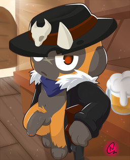 alcohol balls beer beverage brown_eyes casual_nudity clothing cowboy_hat dark_body foreskin fur genitals gun half-erect hat headgear headwear kerchief male orange_body orange_fur penis pubes ranged_weapon scar shotgun solo vein veiny_penis weapon kakau221 bloons_tower_defense ninja_kiwi desperado_(bloons) haplorhine mammal monkey primate hi_res