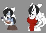 anthro big_breasts book breasts clothed clothing duo female hair hair_over_eye membrane_(anatomy) membranous_wings one_eye_obstructed school_uniform simple_background swimwear topwear uniform white_body wings king_of_sorrow_(artist) undertale undertale_(series) temmie_(undertale) canid canine demon felid feline mammal succubus tem