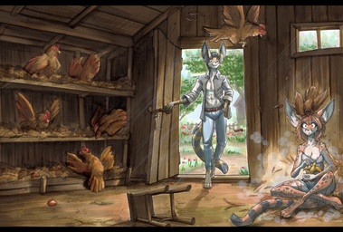 4_toes 5_fingers anthro anthro_focus areola arm_markings barefoot belt bent_legs big_ears biped black_bars black_nose blue_bottomwear blue_clothing blue_jeans blue_pants blue_shorts bottomwear bra breasts brown_belt brown_body brown_feathers brown_hair ceiling chicken_coop clothed clothed_anthro clothed_female clothed_male clothing collarbone countershade_arms countershade_face countershade_fur countershade_legs countershade_neck countershade_torso countershading crossed_legs day denim denim_bottomwear denim_clothing denim_shorts detailed_background digitigrade dipstick_ears door door_handle doorknob duo_focus dust_cloud ear_markings egg eyelashes feathers feet female female_anthro female_feral feral fingers front_view fur furniture grey_body grey_clothing grey_ear_tips grey_fur grey_hair grey_markings grey_shirt grey_spots grey_stripes grey_tail grey_topwear grin group hair hotpants humanoid_hands inner_ear_fluff inside iris jeans larger_anthro leg_markings long_tail looking_at_another male male_anthro markings medium_breasts medium_hair monotone_belt monotone_bottomwear monotone_bra monotone_clothing monotone_hair monotone_jeans monotone_pants monotone_shirt monotone_topwear monotone_underwear mouth_closed multicolored_body multicolored_ears multicolored_fur multicolored_tail nipple_slip nipples one_breast_out open_clothing open_door open_shirt open_topwear orange_body orange_ears orange_fur orange_markings orange_stripes orange_tail pants pink_areola pink_nipples plant red_eyes ring_(marking) ringed_tail shadow shirt shirtless shirtless_anthro shirtless_female shirtless_male shorts shoulder_markings sitting sitting_on_ground size_difference skimpy slim slim_anthro slim_female slim_male smaller_feral smile spots stool striped_markings striped_tail stripes tail tail_markings toes topwear tree tuft two_tone_tail underwear wall_(structure) white_body white_bra white_breasts white_clothing white_countershading white_fur white_inner_ear white_inner_ear_fluff white_sclera white_tuft white_underwear wide_eyed window wood wood_ceiling wood_door wood_wall yellow_body yellow_ears yellow_eyes yellow_fur yellow_markings yellow_stripes yellow_tail ewgengster avian bird chicken felid feline galliform mammal phasianid serval 2025 absurd_res english_description hi_res letterbox traditional_media_(artwork)