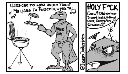 angry anthro barefoot clothing dialogue duo exclamation_point eyebrows feathers feet grill male question_mark shirt singing speech_bubble tail tail_feathers tank_top text text_on_clothing topwear mawkvlt izaan_raysmith_(mawkvlt) avian bird corvid corvus_(genus) crow oscine passerine comic english_text monochrome serbian_text