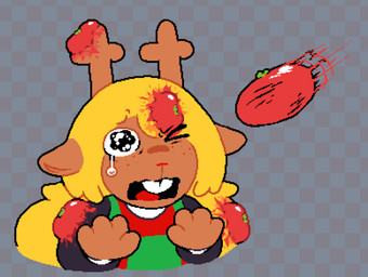 4_fingers anthro antlers blonde_hair bodily_fluids brown_body brown_fur buckteeth checkered checkered_background checkered_clothing checkered_sweater checkered_topwear clothing female fingers food freckled_face freckles fruit fur green_clothing green_sweater green_topwear hair horn long_hair one_eye_closed open_mouth pattern_background pattern_clothing pattern_sweater pattern_topwear plant simple_background solo sweater tears teary_eyes teeth tomato topwear asepriterico deltarune undertale_(series) noelle_holiday deer mammal new_world_deer reindeer 2025 digital_drawing_(artwork) digital_media_(artwork)