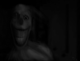 anthro creepy_face female hallucination happy horror_(theme) long_teeth looking_at_viewer nightmare_fuel scary scary_monster schizophrenia smile solo wide_eyed m4n the_deer_(m4n) deer mammal monochrome painting_(artwork)