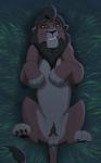 animal_genitalia balls black_body black_fur brown_body brown_fur digitigrade feral fully_sheathed fur genitals green_eyes lying male mane on_back on_model pawpads paws pubes sheath smile solo tan_body tan_fur whiskers yellow_sclera zica disney the_lion_king kovu_(the_lion_king) felid lion mammal pantherine 2014 5:8 hi_res