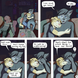 5_panel_comic anthro arm_around_back beverage_bottle black_clothing black_hair black_shirt black_topwear blonde_hair bottle bottomwear cigarette clothed clothing comforting container covering covering_face cuddling dialogue embarrassed eye_contact furniture group hair hand_on_chest heads_together holding_cigarette holding_object inside logo looking_at_another lying lying_on_sofa male male/male on_back on_sofa page_number pants red_hair shirt sitting sitting_on_sofa smile smiling_at_another sofa sweater text topwear trio unconscious kriek_wildebeest jeremy_(kriek_wildebeest) ravi_(kriek_wildebeest) tom_(kriek_wildebeest) border_collie canid canine canis collie domestic_dog herding_dog husky hybrid mammal nordic_sled_dog pastoral_dog portuguese_water_dog sheepdog spitz wolf 1:1 artist_logo comic english_text hi_res multiple_scenes