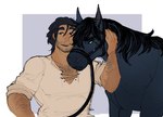 after_transformation annoyed black_hair body_hair bridle chest_hair clothed clothing domestic_pet duo ear_piercing ear_ring equid equine feral fur hair horse human hybrid_kane leash male mammal navy_fur open_mouth petting piercing ring_piercing scar simple_background