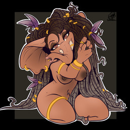 5_fingers accessory anthro areola armlet biped black_eyebrows bracelet breasts brown_areola brown_body brown_eyes brown_nipples brown_skin dreadlocks ear_piercing ear_ring eyebrows eyelashes feather_in_hair feathers female female_anthro fingers gold_(metal) gold_armlet gold_bracelet gold_jewelry gold_leglet grey_hair hair hair_accessory hair_ring half-closed_eyes head_tilt jewelry kneeling leglet long_hair looking_at_viewer loose_feather medium_breasts multicolored_hair narrowed_eyes navel nipples nude nude_anthro nude_female piercing proboscis_(anatomy) ring_piercing solo trunk_(anatomy) trunk_piercing trunk_ring tusk_ring tusks two_tone_hair jesterghastly elephant elephantid mammal proboscidean 1:1 2021 digital_media_(artwork) hi_res