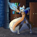 anthro blue_hair blue_nose book breasts clothed clothing female fluffy fluffy_tail fur hair inside long_tail magic midriff navel smile solo tail tan_body tan_fur kripperok canid canine fennec_fox fox mammal true_fox 1:1 hi_res