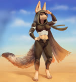 anthro cape claws clothing desert detailed_background digitigrade dipstick_tail female fluffy fluffy_ears fluffy_tail inner_ear_fluff markings sharkmarque solo tail tail_markings toe_claws tuft yellow_body goatesque canid canine fennec_fox fox mammal true_fox 2d_animation animated motion_tweening short_playtime sound webm