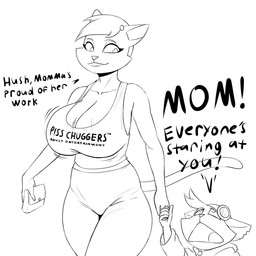 5_fingers age_difference alternate_costume anthro bare_shoulders big_breasts big_ears big_eyes big_mouth_(anatomy) biped black_text bottomwear bouncing_breasts breasts cleavage cleavage_overflow closed_smile clothed clothed_anthro clothed_female clothed_male clothing collar_tag collarbone curved_eyebrows dialogue duo eyebrows eyelashes eyewear eyewear_on_head female fingers fully_clothed fully_clothed_anthro fully_clothed_female fur fur_tuft goggles goggles_on_head hair hand_holding head_tuft holding_object holding_purse hood_down hoodie huge_breasts humanoid_hands iris larger_female lips looking_at_another looking_back looking_back_at_another looking_down looking_down_at_another looking_up looking_up_at_another male male/female mature_anthro mature_female monotone_background motion_lines motion_outline mouth_closed no_pupils notched_ear older_female open_mouth pants pointy_ears porn_star prick_ears purse shirt short_hair simple_background size_difference skimpy smaller_male smile smiling_at_another standing tail talking_to_another tank_top text text_on_clothing text_on_shirt text_on_tank_top text_on_topwear thick_bottom_lip thick_thighs three-quarter_view tongue topwear tuft walking whining white_background yoga_pants young young_anthro young_male younger_male imierbenety murphy_and_mitzi delia_(ajmarekart) murphy_(ajmarekart) domestic_cat felid feline felis mammal 1:1 2026 black_and_white digital_drawing_(artwork) digital_media_(artwork) english_text hi_res monochrome sketch mother_(lore) mother_and_child_(lore) mother_and_son_(lore) parent_(lore) parent_and_child_(lore) parent_and_son_(lore) son_(lore)