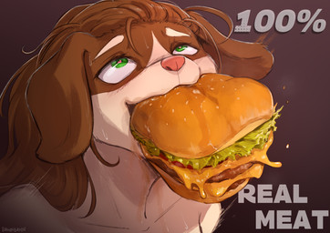 ahegao anthro bodily_fluids breasts brown_body brown_fur brown_hair burger eating female food fur hair heart_pupils iris looking_pleasured philtrum pink_nose pupils saliva solo tan_body tan_fur bahnbahn noelle_(dopamine_train) canid canine canis domestic_dog mammal absurd_res hi_res