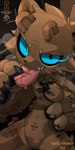 4_fingers anthro bell bell_collar black_background black_claws black_pawpads black_sclera blue_eyes brown_body circle_eyebrows claws collar eyebrows featureless_crotch fingers front_view handles_on_head looking_at_viewer machine male multicolored_pupils narrowed_eyes navel pawpads simple_background solo teeth text tongue tongue_grab tongue_out x_navel presto_(artist) felid feline living_machine mammal robot_anthro english_text half-length_portrait hi_res portrait