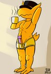 2_toes anthro clothing container cup dwarfism eyeless feet genitals hat headgear headwear holding_container holding_cup holding_mug holding_object humanoid_genitalia humanoid_penis male mug navel penis simple_background solo tan_background text toes underwear yellow_body yellow_clothing yellow_underwear kingdorkster a_hat_in_time the_conductor_(ahit) avian bird owl 2021 artist_name digital_media_(artwork) signature