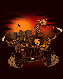 anthro clothing eye_patch eyewear front_view group gun holding_gun holding_object holding_ranged_weapon holding_weapon horn kerchief male ossicone outside proboscis_(anatomy) ranged_weapon red_sky sky trunk_(anatomy) tusks vehicle weapon vincent_bocognani jeep willys-overland_motors willys_jeep avian bird elephant elephantid felid giraffe giraffid haplorhine lion mammal monkey pantherine primate proboscidean 4:5 restricted_palette warm_colors