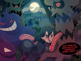 big_butt blush bodily_fluids breasts butt clothed clothing dialogue female genital_fluids group hair interspecies kiss_mark_on_penis long_hair male male/female pokephilia precum speech_bubble text wolfrad nintendo pokemon hex_maniac generation_1_pokemon generation_6_pokemon gengar haunter human mammal pokemon_(species) trevenant 2025 english_text hi_res
