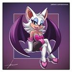 anthro bare_shoulders boots border breasts cleavage clothed clothing eyeshadow female footwear fur gloves handwear makeup narrowed_eyes open_mouth shoes simple_background sitting solo tan_body tan_skin text white_body white_border white_fur wings soronous sega sonic_the_hedgehog_(series) rouge_the_bat bat mammal 1:1 2020 url