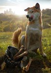 armor black_nose bone brown_body brown_fur castle detailed_background fangs feral fur grass headgear helmet licking outside paws plant quadruped realistic sitting teeth tongue tongue_out white_body white_fur akreon gwent canid canine canis domestic_dog mammal shiba_inu spitz 2018 hi_res official_art