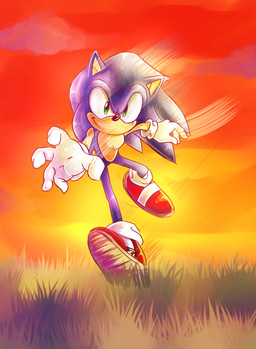 anthro blue_body blue_fur blue_hair cloud field fur grass green_eyes hair male outside plant sky solo sunset unknown_artist sega sonic_the_hedgehog_(series) sonic_the_hedgehog eulipotyphlan hedgehog mammal