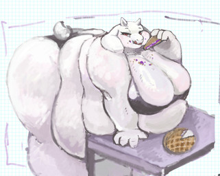 anthro back_fat back_rolls belly belly_rolls belly_squish big_belly big_breasts big_cheeks breasts chubby_cheeks crumbs eating eating_pie eyelashes fat_rolls female floppy_ears food fur furniture holding_food holding_object horn huge_belly huge_breasts licking licking_lips licking_own_lips looking_at_viewer love_handles mature_anthro mature_female morbidly_obese morbidly_obese_anthro morbidly_obese_female obese obese_anthro obese_female overweight overweight_anthro overweight_female pie_(food) red_eyes scut_tail short_tail squish table tail tongue tongue_out white_body white_fur hoshino_kedama undertale_(series) toriel boss_monster_(undertale) bovid caprine goat mammal hi_res