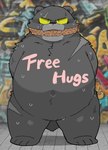 angry anthro belly big_belly black_body black_nose bodily_fluids bound kemono navel rope scar solo sweat text gayousi7 bear mammal 2023 hi_res