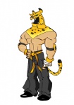 abs belt biceps bottomwear clothed clothing fingerless_gloves footwear for_a_head fur gloves green_eyes handwear male mask muscular muscular_male open_mouth pants pecs pose shoes simple_background solo stylized tail teeth topless white_background juangaz tekken king_(tekken) animal_head animal_humanoid felid humanoid jaguar leopard mammal pantherine