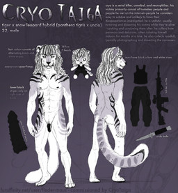 4_toes anthro black_body black_fur clothing dark_sclera erection fangs feet fur genitals grey_body grey_fur gun hair knife long_hair male markings nipples penile_spines penis piercing plushie ranged_weapon smile smirk solo standing striped_markings stripes teeth text toes weapon white_body white_fur schiavonesca cryotaiga felid hybrid mammal pantherine snow_leopard tiger english_text hi_res model_sheet