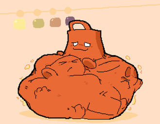ambiguous_gender belly big_belly bodily_fluids face_imprint huge_belly hyper hyper_belly imprint multiple_prey not_furry_focus orange_body rumbling_stomach saliva short sitting smile soft_vore solo unwilling_prey vore meatcanister nintendo nintendo_3ds nintendo_ds_family nintendo_eshop shopping_bag_(3ds) animate_inanimate waddling_head 2025 digital_media_(artwork) pixel_(artwork) tagme