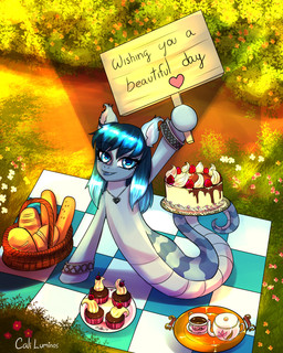 basket beverage bread cake container cup cupcake dessert female feral flower food garden grass jewelry necklace picnic picnic_basket picnic_blanket plant plate shrub solo tea tea_cup teapot caliluminos hasbro my_little_pony equid equine horse hybrid mammal pony reptile scalie snake unknown_species 4:5 absurd_res hi_res