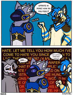 2_horns 2_panel_comic anthro biped blue_kerchief bone bone_mask cable confusion dialogue group horn humor kerchief machine male mask metallic_body protogen_visor screen screen_face skull skull_mask smile speech_bubble text text_background trio worried shepgoesblep i_have_no_mouth_and_i_must_scream ghost_(chumblings) raeal_the_protogen shep_(shepgoesblep) canid canine canis domestic_dog german_shepherd herding_dog mammal pastoral_dog protogen skulldog_(species) better_version_at_source comic digital_media_(artwork) english_text hi_res