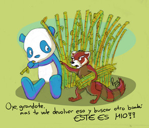 angry anthro bamboo blue_body blue_fur brown_body brown_fur duo eating eyebrows featureless_crotch front_view fur male male_anthro markings nude open_mouth red_body red_fur sitting standing striped_markings striped_tail stripes tail tail_markings white_body white_eyebrows white_fur pandapaco nico_(pandapaco) ailurid bear giant_panda mammal red_panda