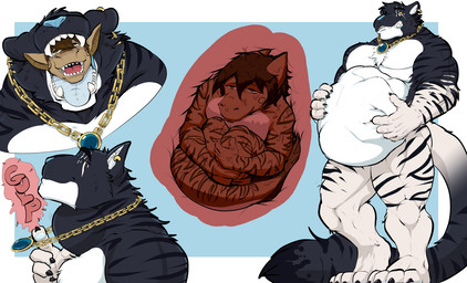 abdominal_bulge anthro body_outline brown_body claws duo ear_piercing feet fur gulp_(sound_effect) hair hand_on_belly inside_stomach internal jewelry male male/male mouth_shot muscular_pred necklace necklace_only nude open_mouth oral_vore piercing standing striped_body striped_fur stripes swallowing tail teeth text tongue vore white_body white_fur pandottermon aquatic felid fish mammal pantherine shark tiger colored hi_res