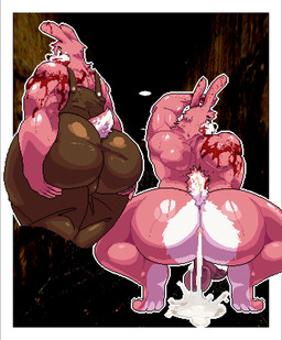 anthro anthrofied anus ass_up barazoku blood blood_on_face blood_splatter blood_stain bodily_fluids brown_clothing butt butt_cleavage butt_focus butt_grab clothing cum cum_fart cum_from_ass cum_in_ass cum_inside cum_puddle fur genital_fluids glistening glistening_body glistening_butt glistening_skin hand_on_butt looking_at_viewer looking_down male mascot mascot_costume overalls overalls_only pink_body pink_fur rabbit_ears robbie_o_coelho scut_tail short_tail solo tail ritcherr konami silent_hill robbie_the_rabbit animal_humanoid humanoid lagomorph lagomorph_humanoid leporid leporid_humanoid mammal mammal_humanoid rabbit rabbit_humanoid hi_res