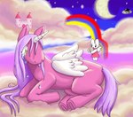 ambiguous_gender anthro bodily_fluids crying duo feral flower giving_flower horn plant rainbow tears unicorn_horn wings mimill3 mythology equid equine lagomorph leporid mammal mythological_creature mythological_equine rabbit winged_unicorn hi_res